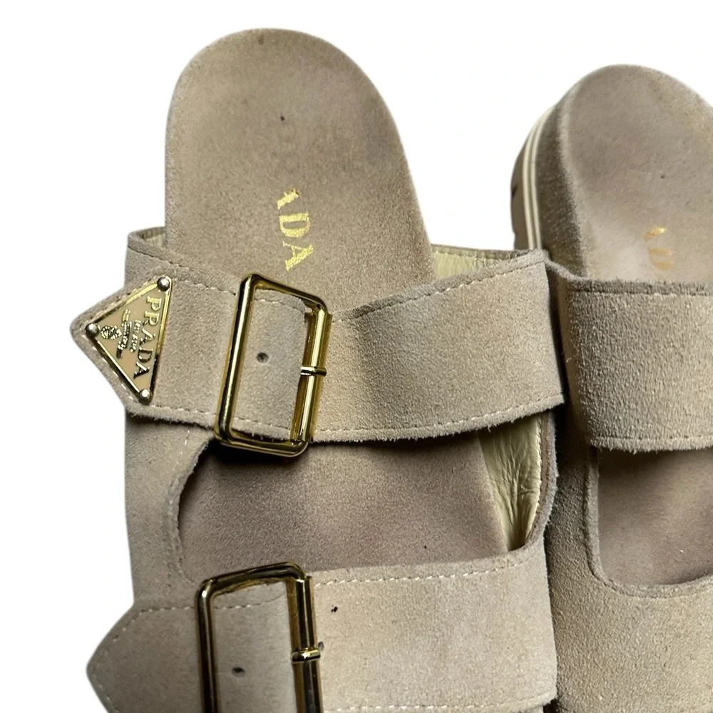 Prada Beige Suede Sandals with Gold Buckles, sz 37 pre-owned